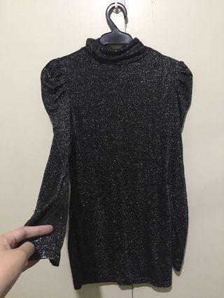 Black Glittered Puff Long Sleeve Top