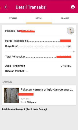 Bukti Transaksi lewat BukaLapak kemeja uniqlo dan celana HnM