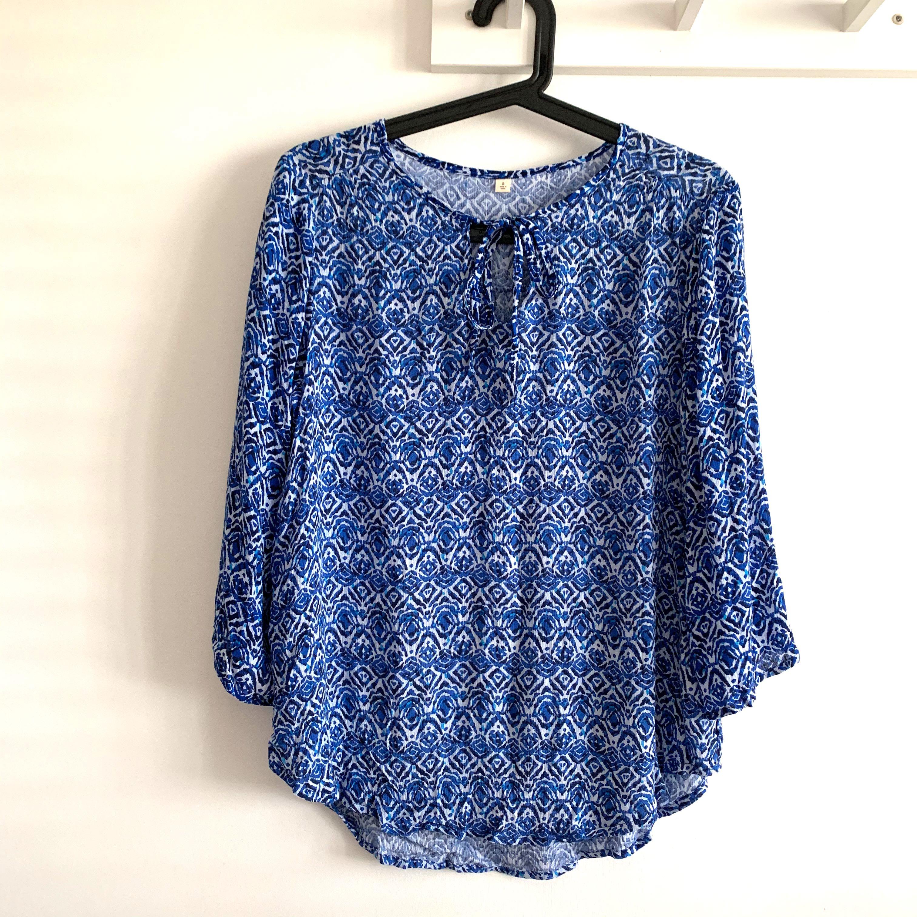 Size S Fits S To M Blue Printed Viscose Peasant 3 4 Sleeve Blouse Top Women S Fashion Clothes Tops On Carousell