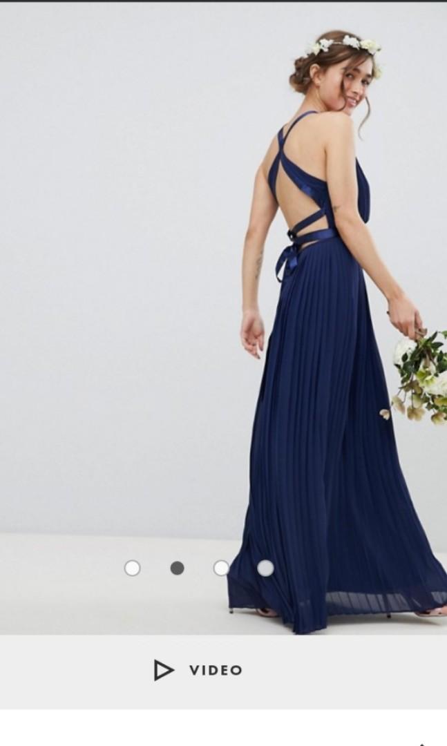 TFNC petite pleated maxi bridesmaid dress with cross back and bow detail