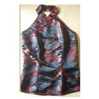 Atasan Backless Kerah Shanghai bahan sutera warna hitam merah