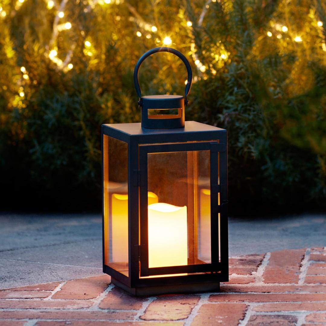 Lights4fun Regular Candle Lantern Black Metal Outdoor Battery