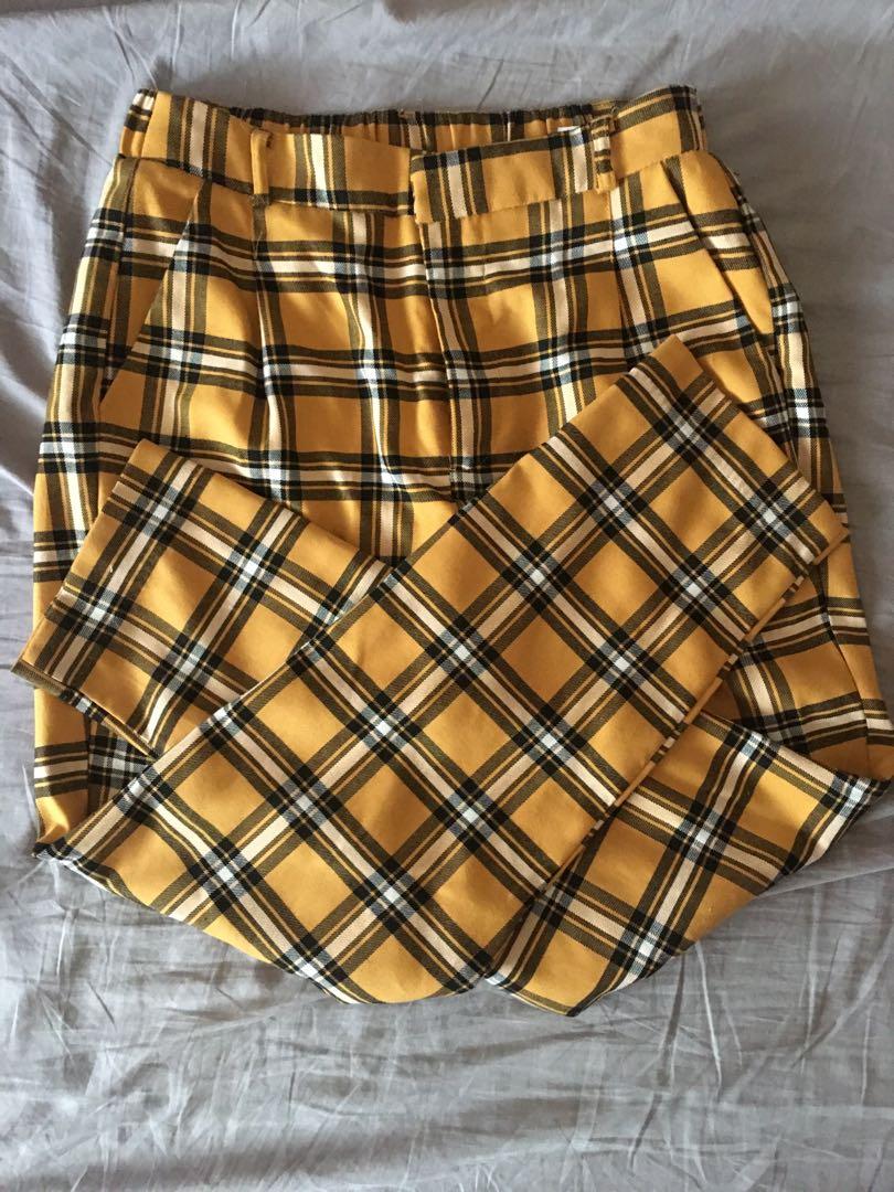 stradivarius yellow tartan trousers