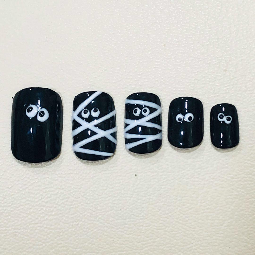 Halloween Gel Manicure False Art Nail 20pcs 0 9 Sizes Black Mummy Eye Ball Costume ä¸å£èç¾ç²æææ¨ä¹ä¼ Health Beauty Hand Foot Care On Carousell