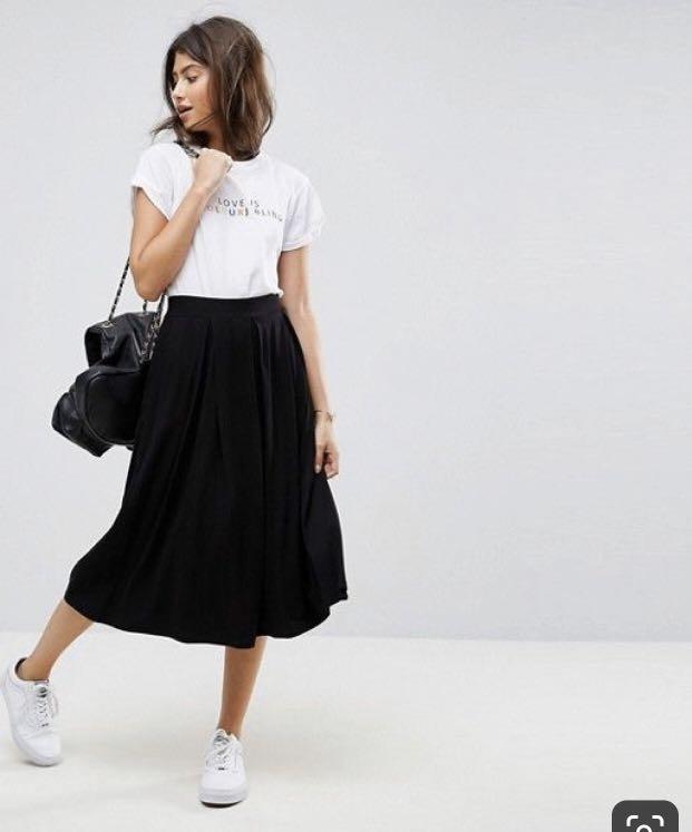 Bossini Black Pleated Midi Skirt Cotton Women s Fashion Bottoms