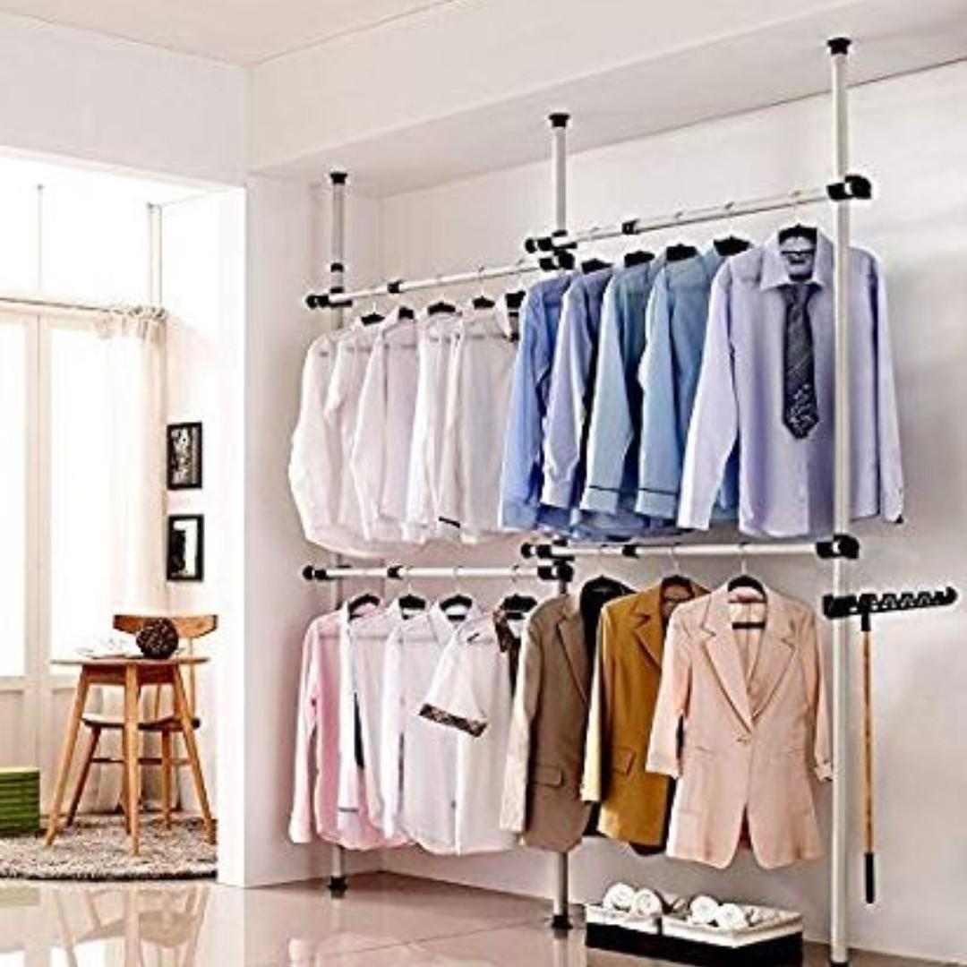 Telescopic Garment Rack Coat Hanger Clothes Wardrobe 3 Poles 4