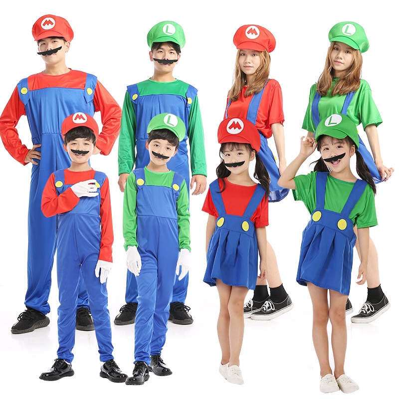 Adults Kids Super Mario Bros Cosplay Costume Suit Mario Luigi Child