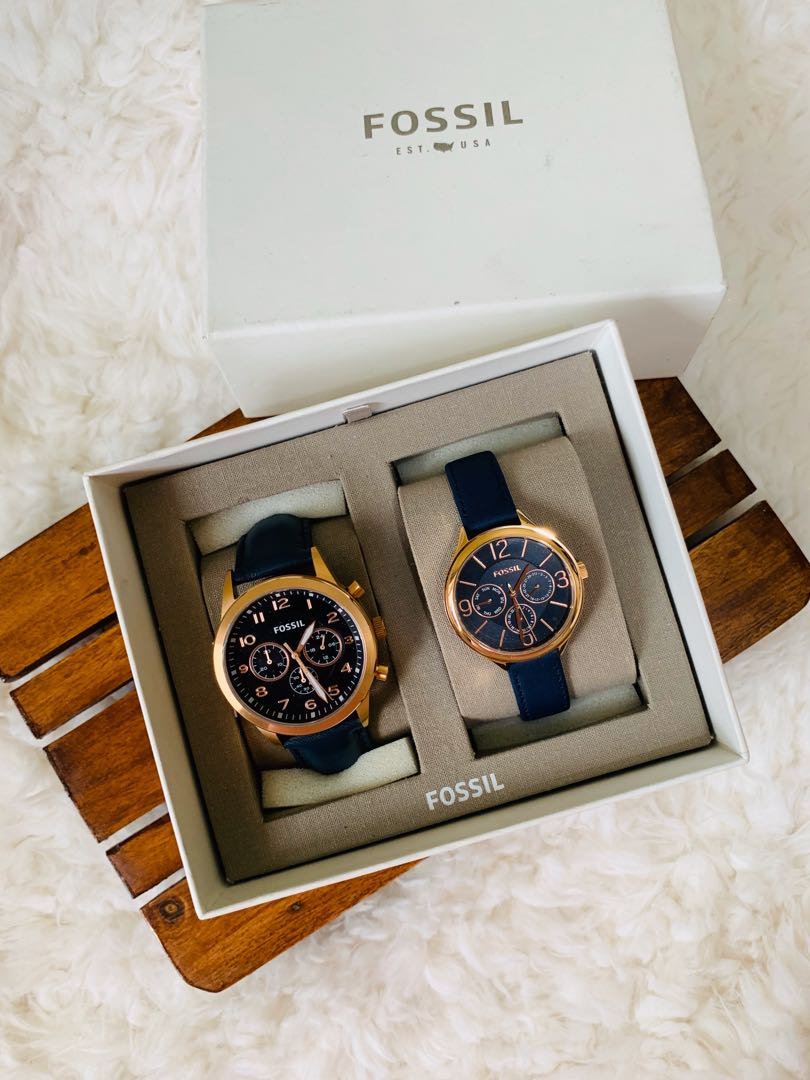 His chronograph and her multifunction top navy leather watch gift set