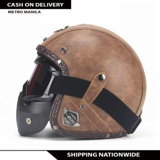 Unisex PU Leather Helmets 3/4 Motorcycle Chopper Bike Helmet Open Face Vintage Motorcycle Helmet with Goggle Mask