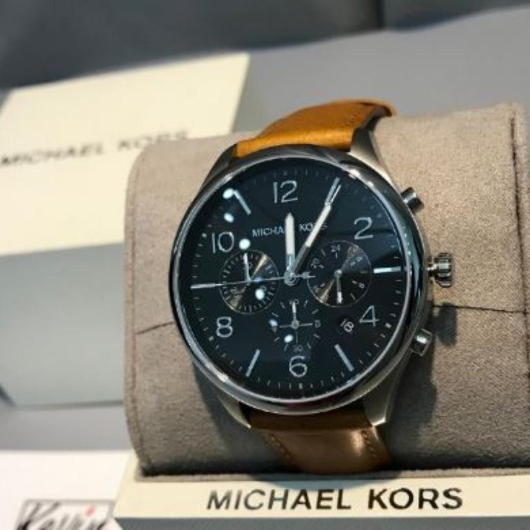 Pre loved used once Michael Kors Men s Merrick Chronograph Brown Leather Watch MK8661