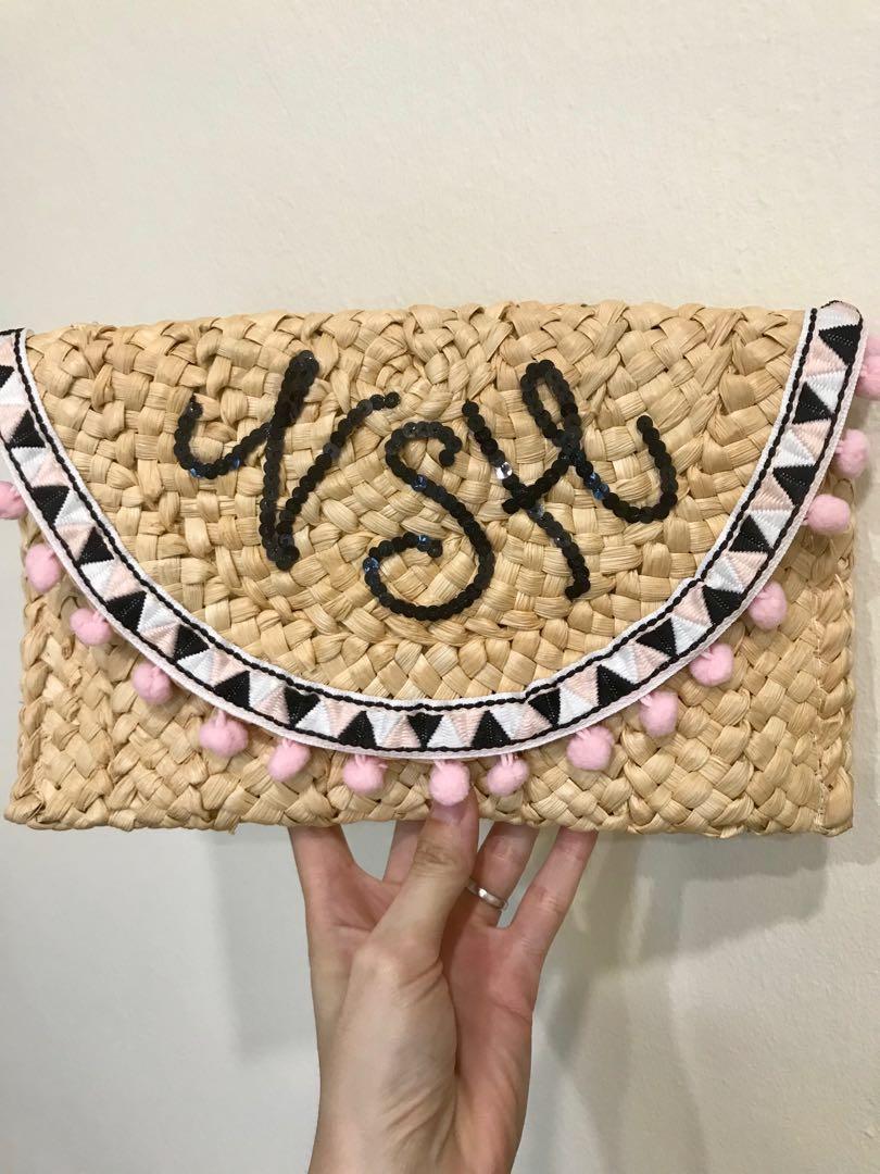 personalised straw clutch bag