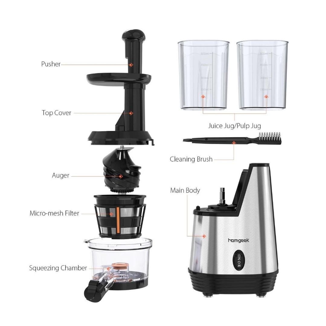 A122 Homgeek Juicer Slow Masticating Juicer Extractor Cold Press Juicer Machine Quiet Motor and Reverse Function with Juice Jug and Brush to Clean Conveniently High Nutrient Fruit and Vegetable Juice ...