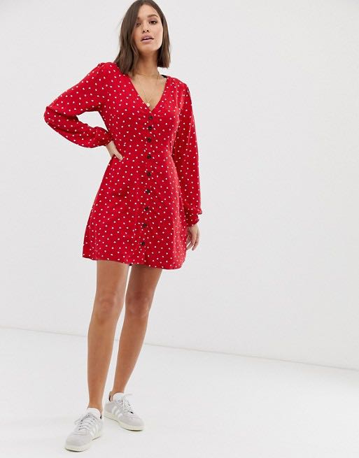 CNY SALE Abercrombie Fitch Red Long Sleeve Button Down Polka Dot Dress with Hearts