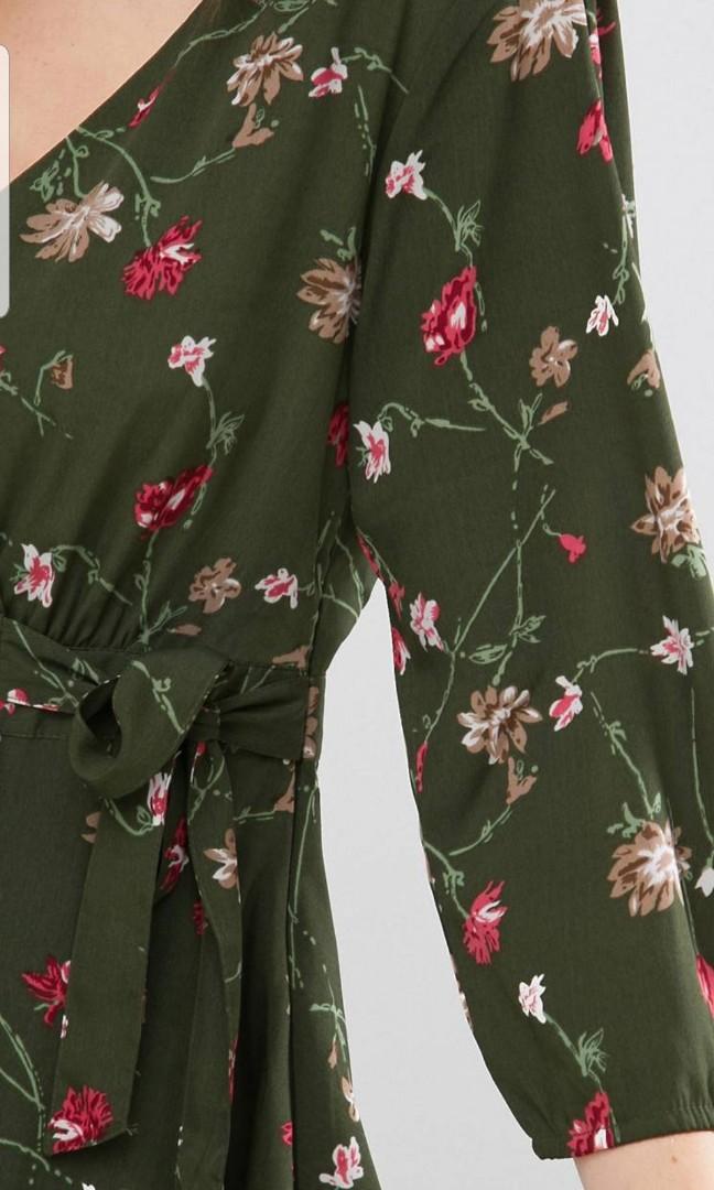 BN ASOS Yumi Floral Wrap Dress in Olive Sage Green Women s Fashion Tops Sleeveless on Carousell