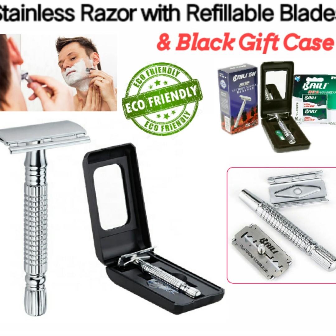 Stainless Safety Double-sided Blade Razor w/ Refillable Blades (Category: Sports & Fitness Nutrition) located in Cavite. Submitted by herorganicbeauty (Listing ID 258552601, Image 1). Description: ✔ECO-FRIENDLY: Conventional plastic razors are practically impossible to recycle and end up in our landfills and oceans. With this Baili Safety razor all you need to do is replace and recycle the blade, which helps create a cleaner planet. ✔PERFECT SHAV