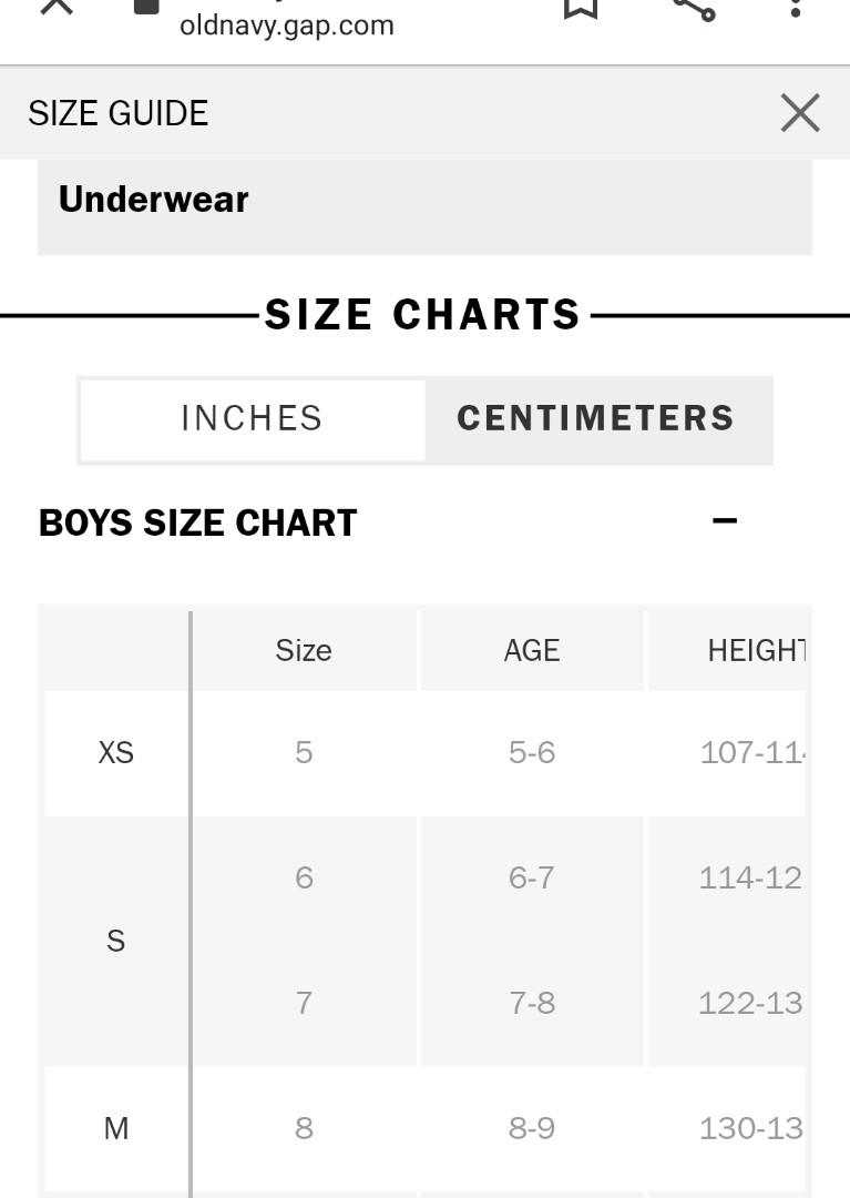 Old Navy Boys Size Chart