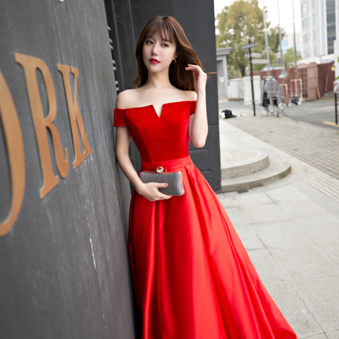 Elegant Red Velvet Satin Evening Gown EG0188 Off shoulder Green