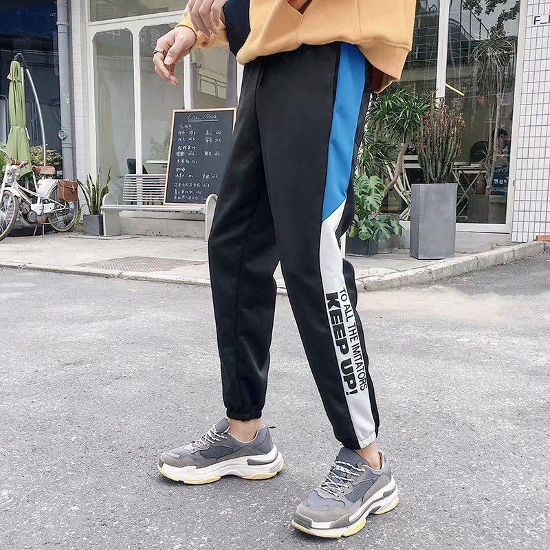 428 blue red sweatpants track pants skinny long pants hypebeast colourblock keep up