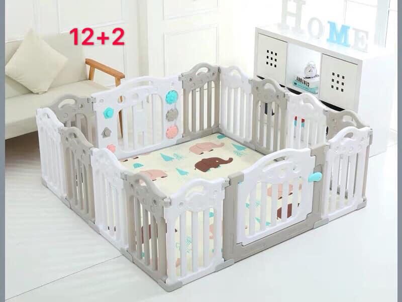 white and grey playpen