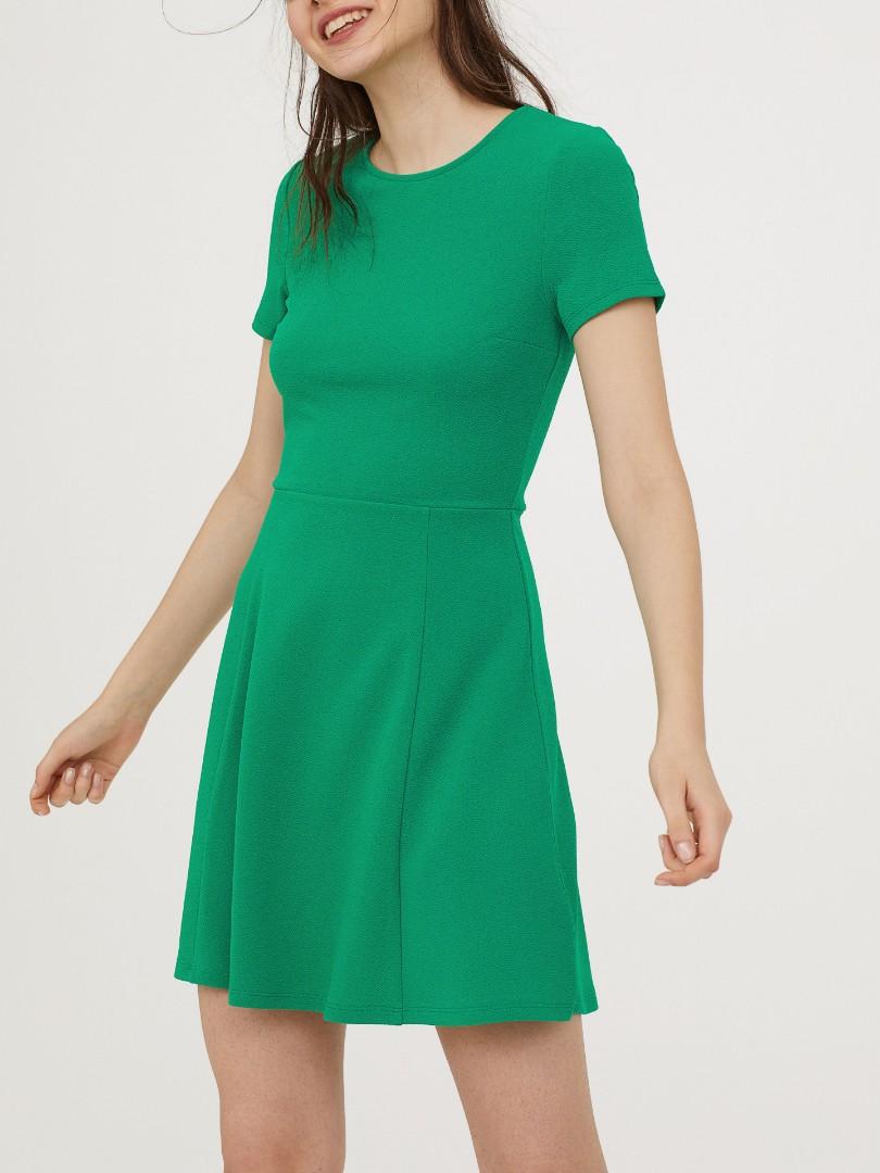 H M Jersey Skater Fit and Flare A line Circular Circle Swing Skirt Short Sleeves Garden Grass Green Textured Stretchable Women s Ladies Girls Dress S