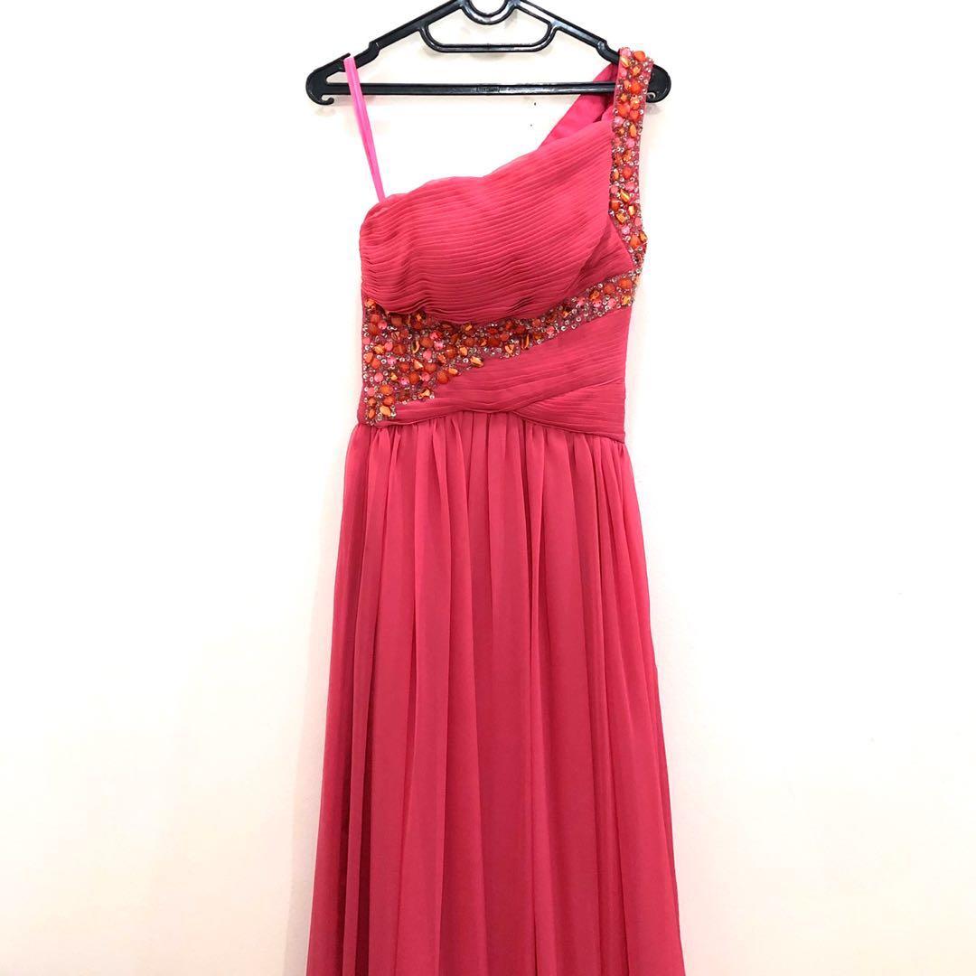 Robert Rodriguez Pink One Shoulder Long Gown Formal Dress, Fesyen Wanita,  Pakaian Wanita di Carousell