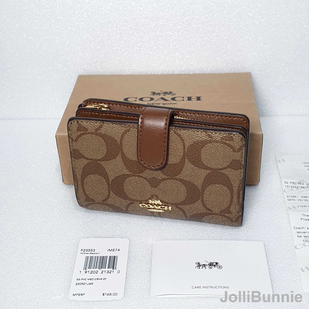 COACH Medium Corner Zip Wallet Khaki Saddle 2 F23553 Coach