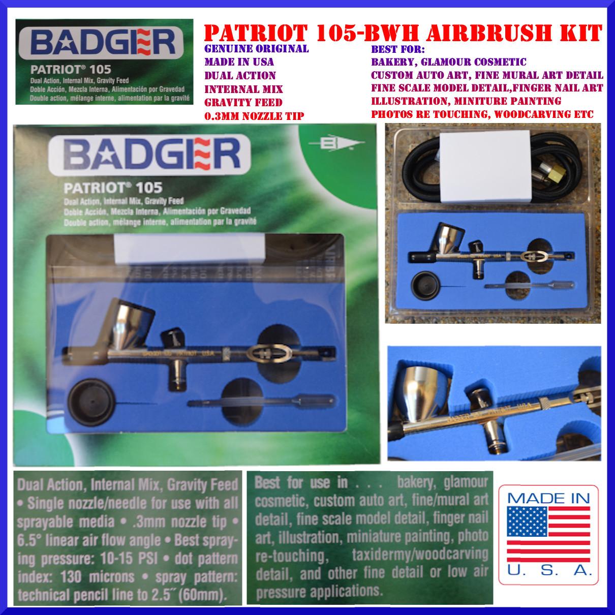 Original Badger Airbrush 105-BWH (Category: Stationery & School Supplies) located in Manila. Submitted by raineshop77 (Listing ID 236274948, Image 1). Description: call or text 09664717066 if interested other model available Badger Patriot 105-BWH Airbrush Set Brand New Original Made in USA PATRIOT 105® The Patriot, Model 105, is a comfortable, reliable, cost-effective, user-friendly gravity feed airbrush, designed for use by experienced, as well