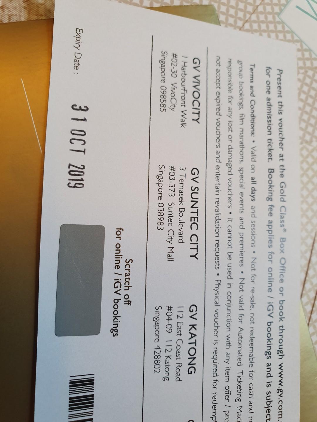 GV Gold Class tickets and Meal voucher, Tickets & Vouchers, Vouchers on