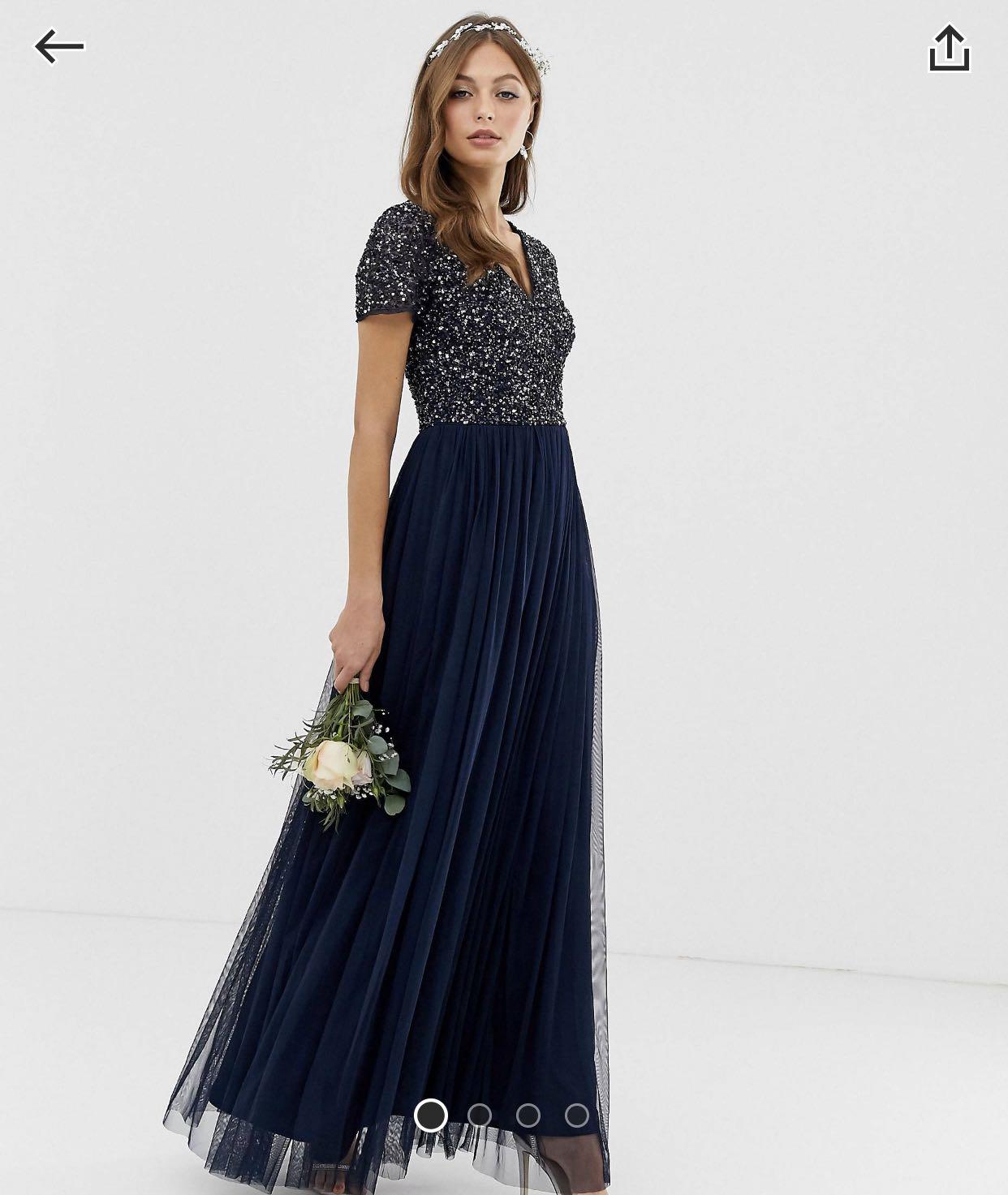 Maya Bridesmaid V Neck Maxi Tulle Dress with Tonal Delicate Sequins Women s Fashion Muslimah Fashion Dresses on Carousell