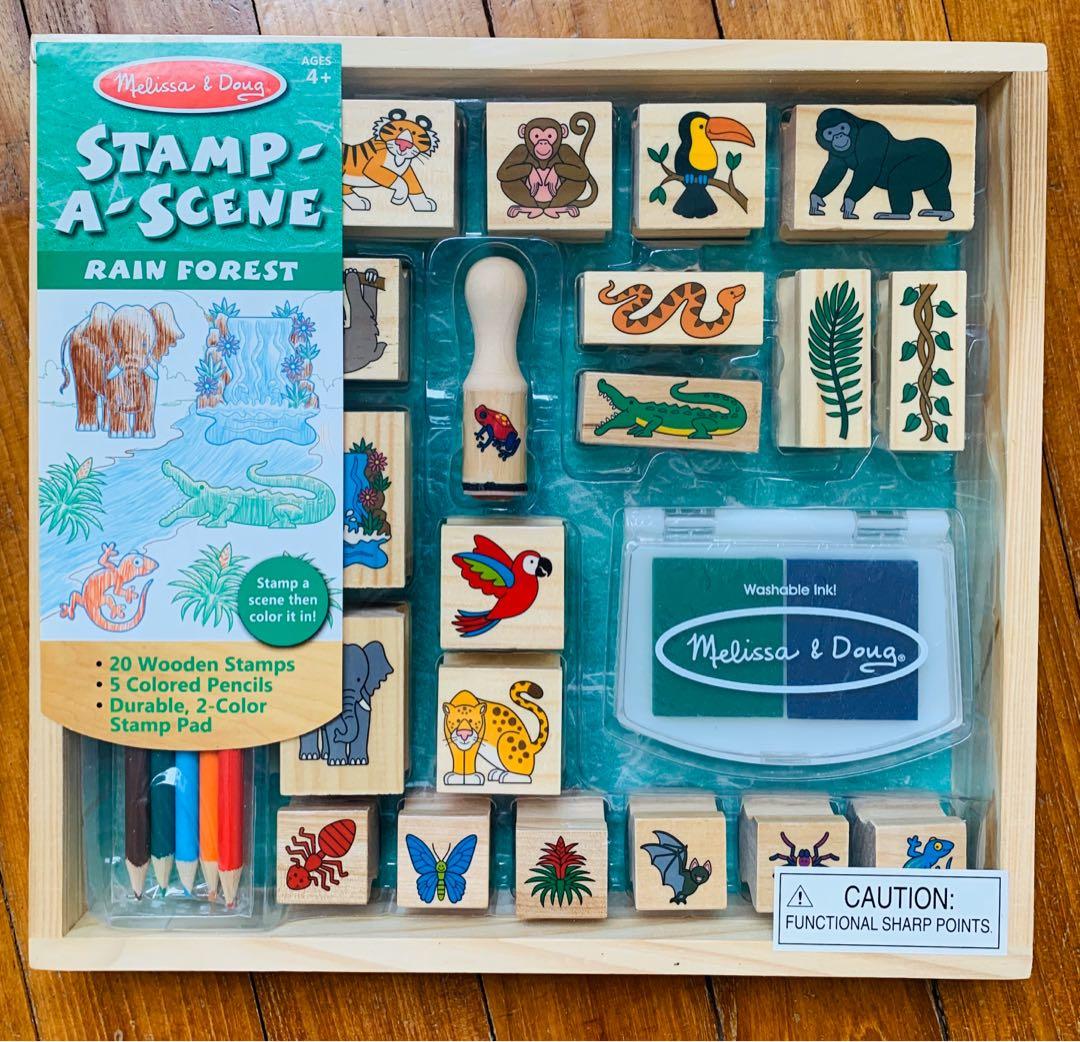 Melissa & Doug Stamp-a-Scene Stamp Set: Rain Forest - 20 Wooden Stamps, 5  Colored Pencils, and 2-Color Stamp Pad 