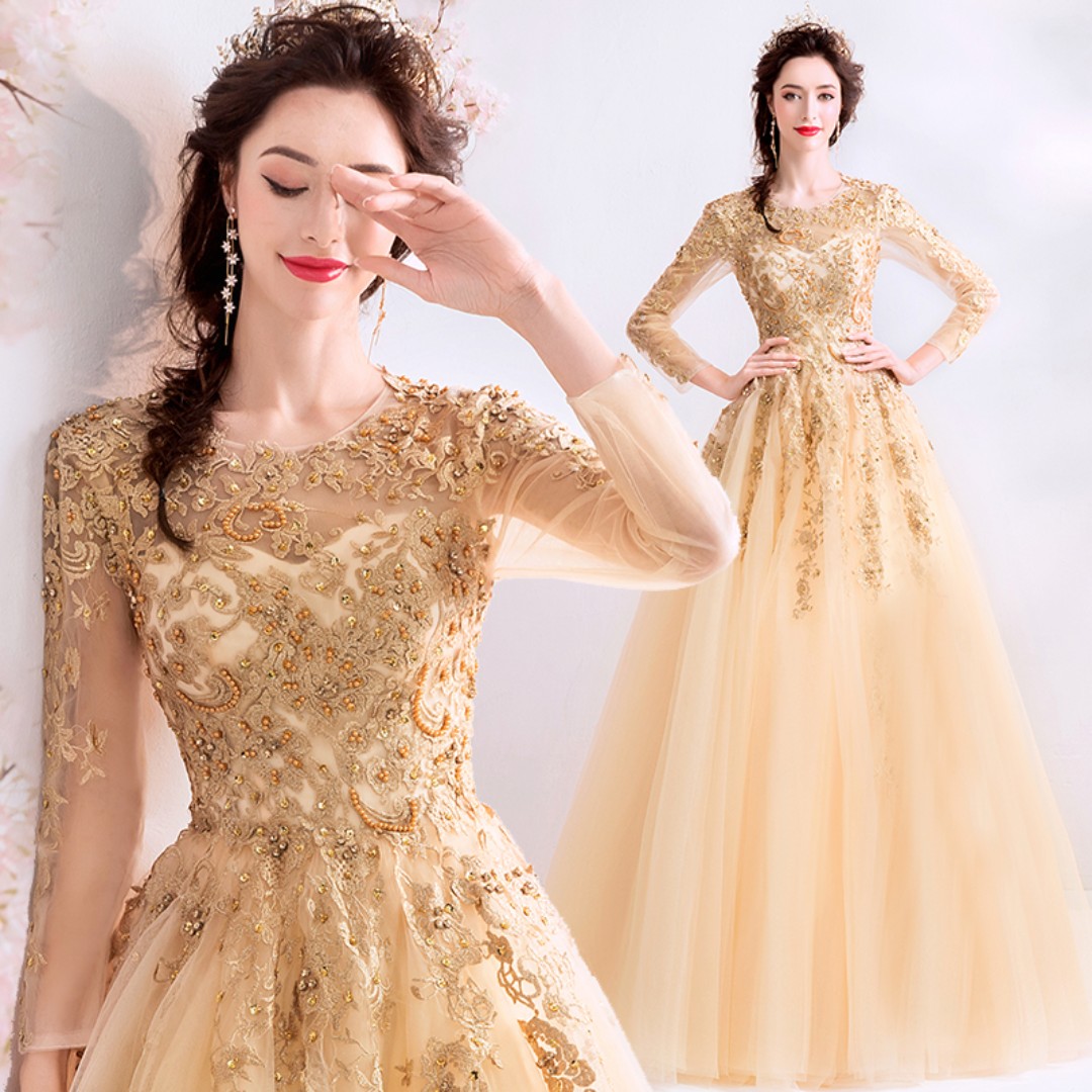 Gold long top sleeve lace dress