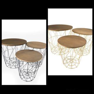 Set of 3 Modern Black or Gold Wire Decorative Side Table Kids All purpose Storage with Wooden Lid