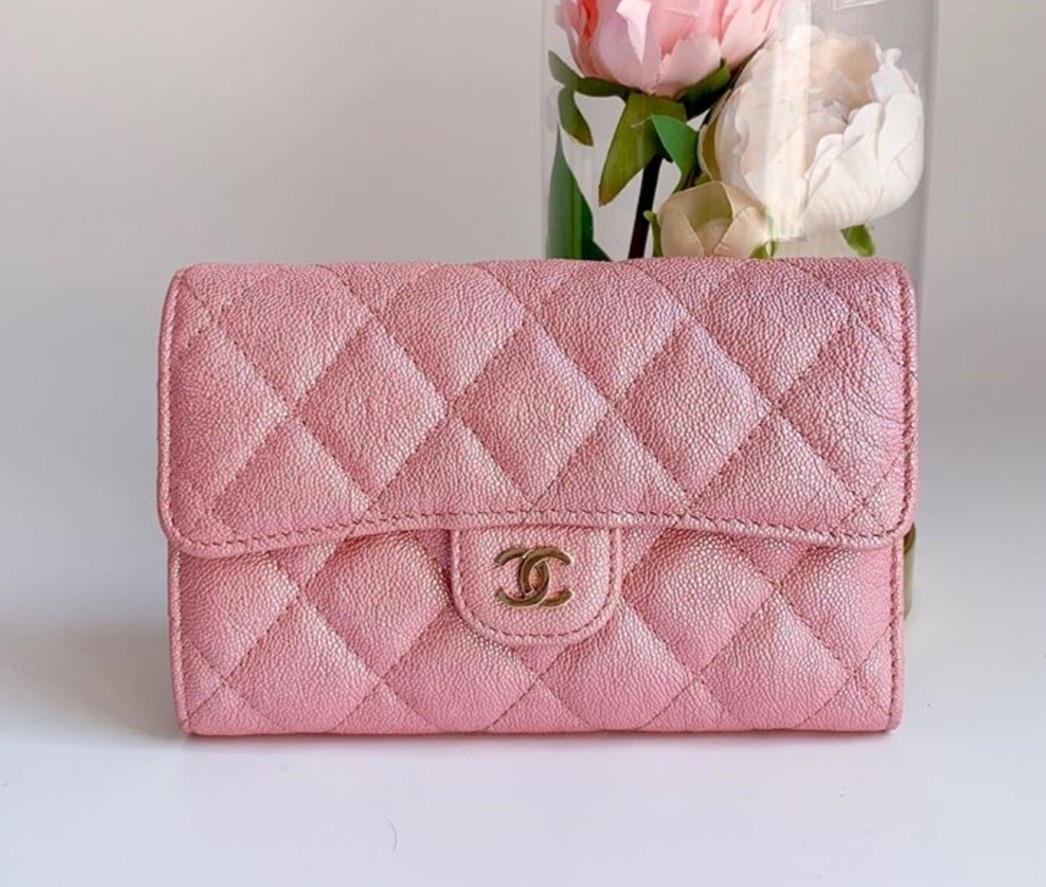 19S Pink Iridescent Caviar Quilted Flap Wallet