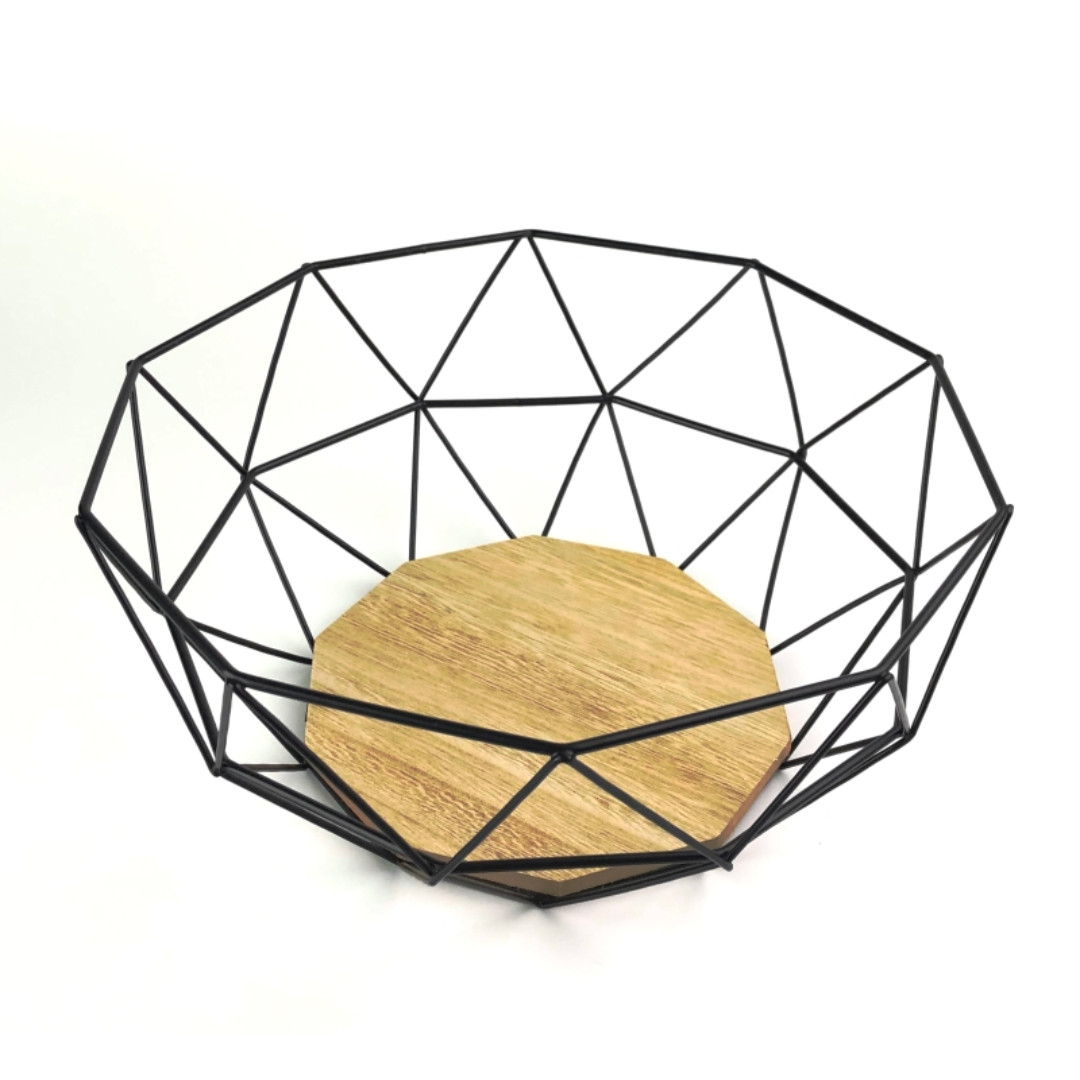 Modern Black Wire Fruit Bowl Basket Centerpiece Wooden Bottom