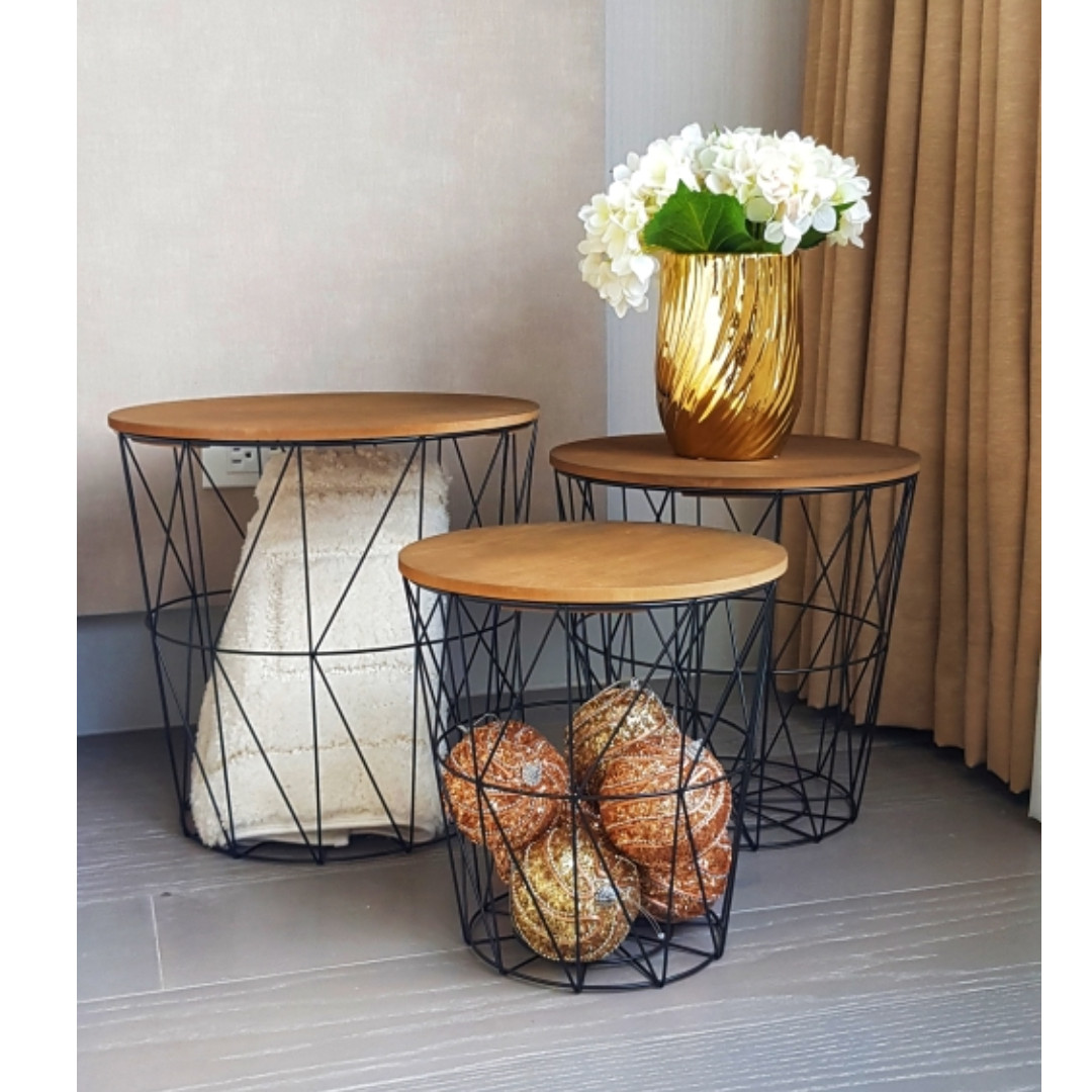 Set of 3 Modern Black or Gold Wire Decorative Side Table Kids All purpose Storage with Wooden Lid