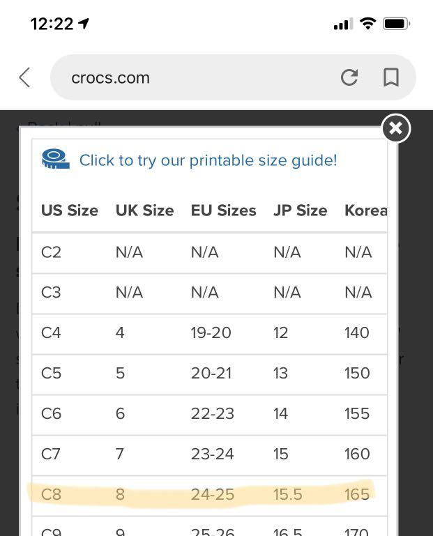 crocs size 8 in cm