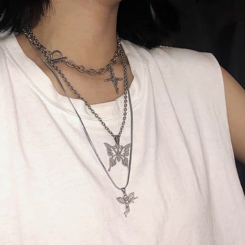 Layered Butterfly Metal Necklace Grunge Hip Hop Women s Fashion
