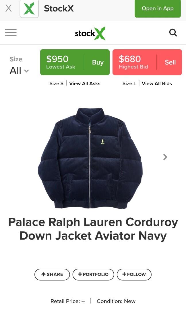 palace ralph lauren corduroy down jacket aviator navy