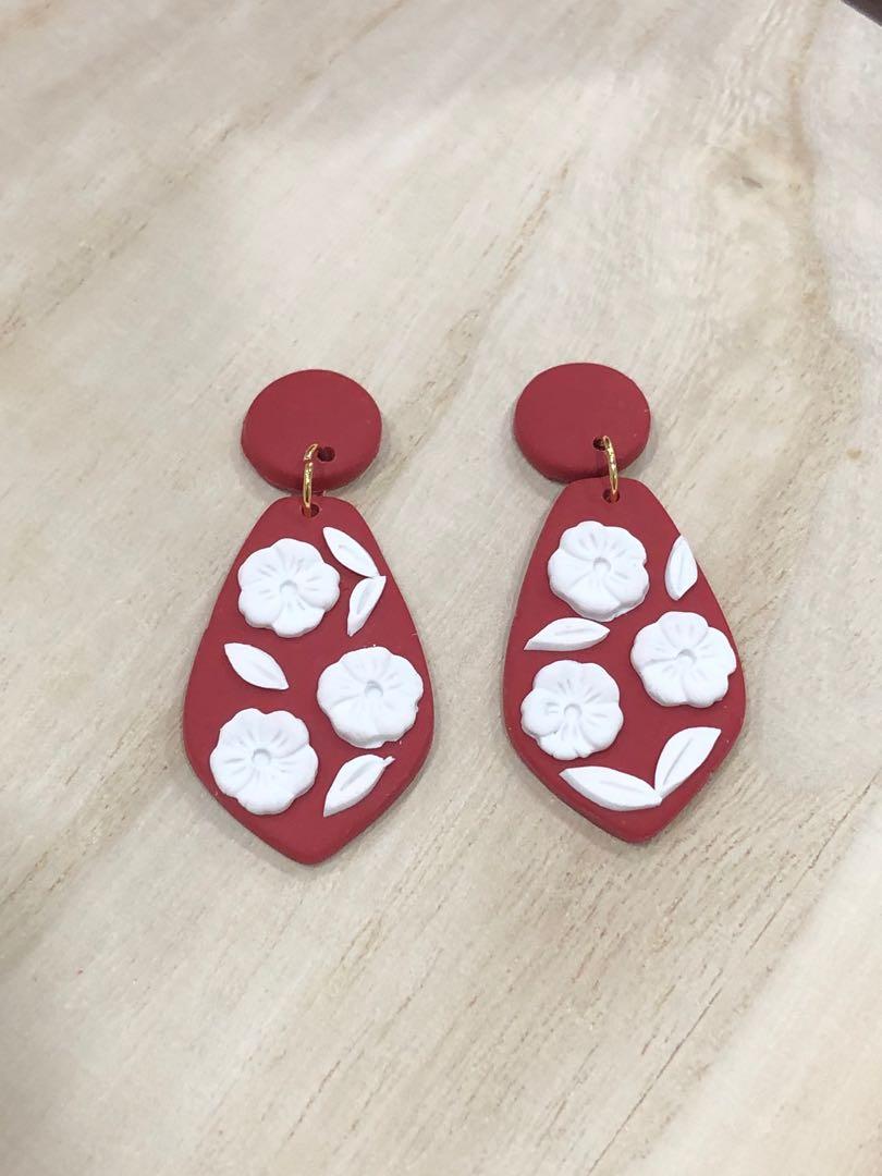 Red white floral earrings handmade using polymer clay Women s