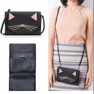 KATE SPADE Black Leather Winni Jazz Cat Card Pouch Clutch Wallet Bag - Like New