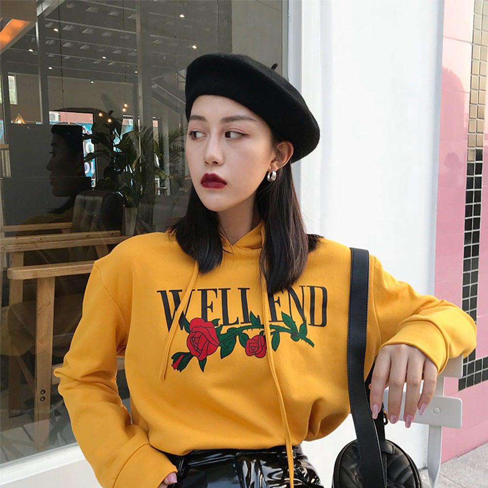 433 mustard hoodie well end rose embroidery cotton oversized tumblr ulzzang boyfriend pullover jacket sweater mustard yellow