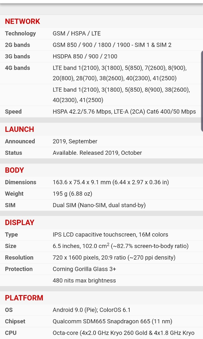 Oppo A5 (2020) CPH1933 64GB 3GB RAM Qualcomm SDM665 Snapdragon 665