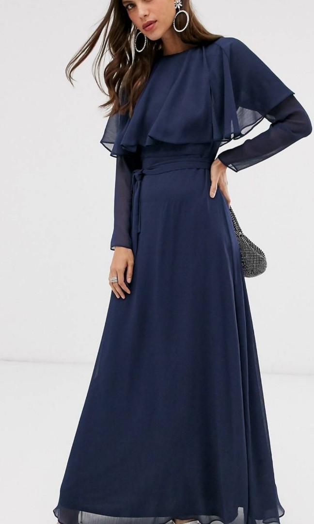 Asos Design Long Sleeve Cape Back Maxi Dress with tie waist
