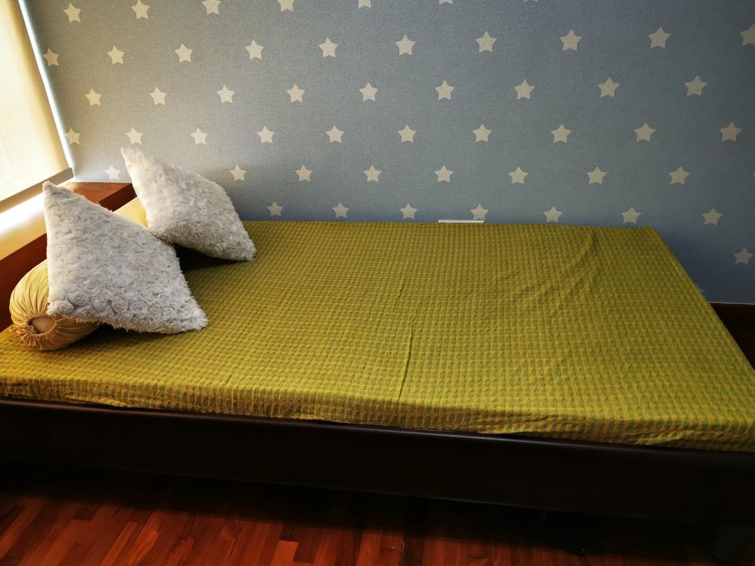 Diwan super single solid wood bed frame with mattress, Furniture & Home