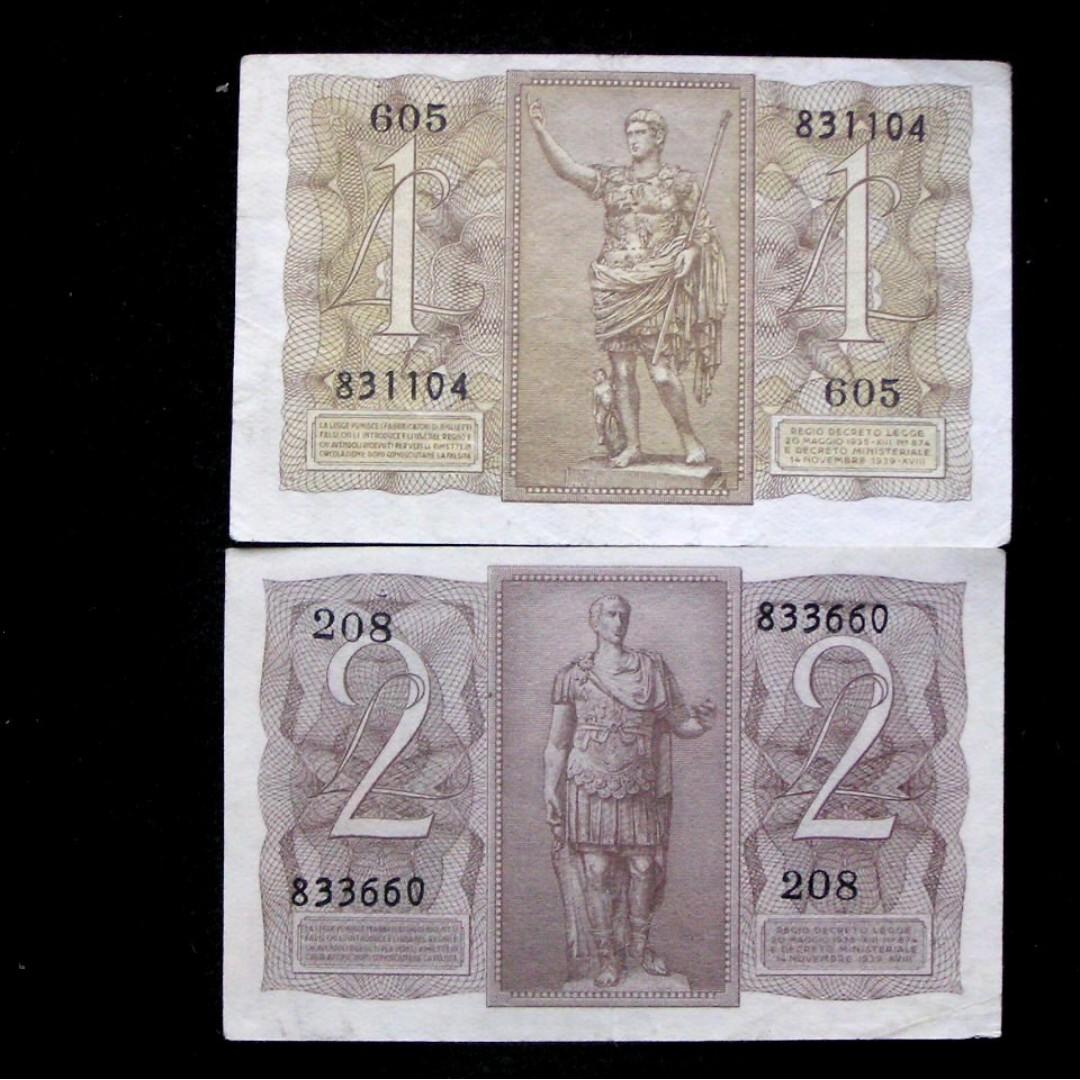 1939年意大利王國古羅馬國王凱撒大帝雕像1及2里拉鈔票共兩張(好品, 二戰時期), 興趣及遊戲, 玩具& 遊戲類- Carousell