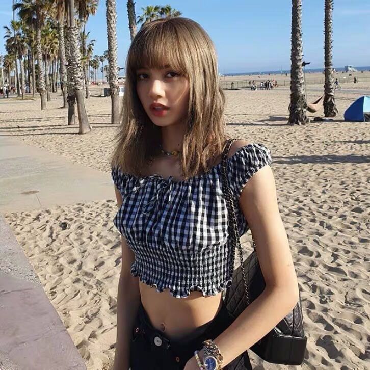 436 checkered grid off shoulder top lisa blackpink crop top plaid