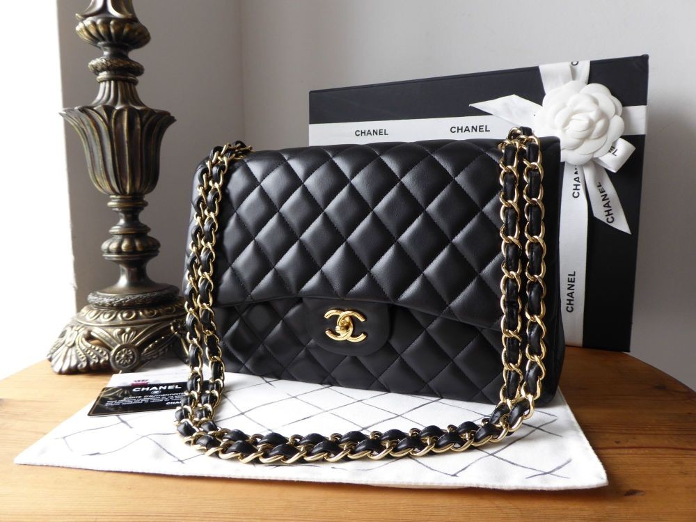 Chanel Timeless Classic 2.55 Jumbo Double Flap Bag in Black Lambskin with  Gold Hardware