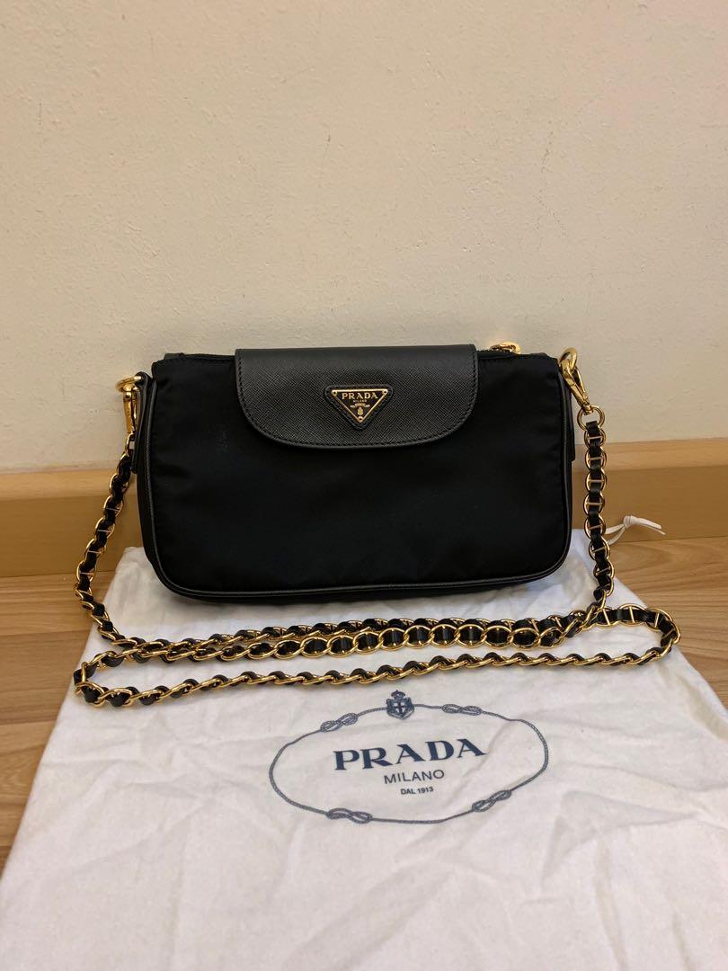 Prada Tessuto Nylon Saffiano Trim Chain Black Cross Body Bag