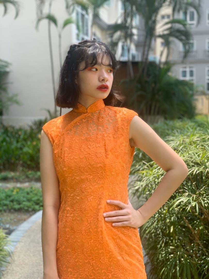 Vintage 1970s tangerine embroidered lace cheongsam dress qipao