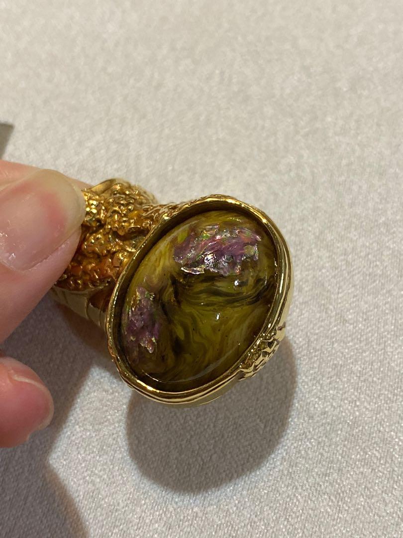 YSL Saint Laurent Arty Ring in Olive Green with Purple Floral Accents